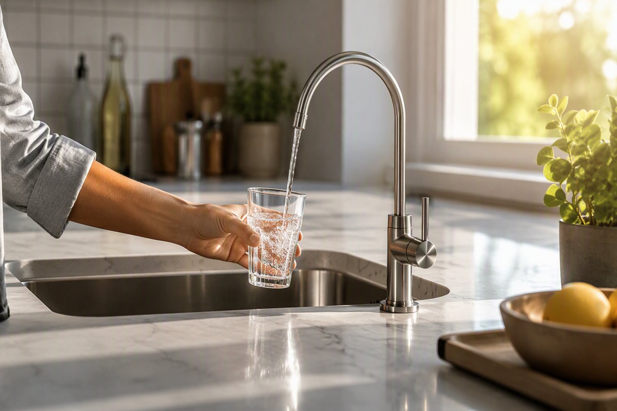 Modern kitchen sink with clear filtered drinking water from dedicated faucet