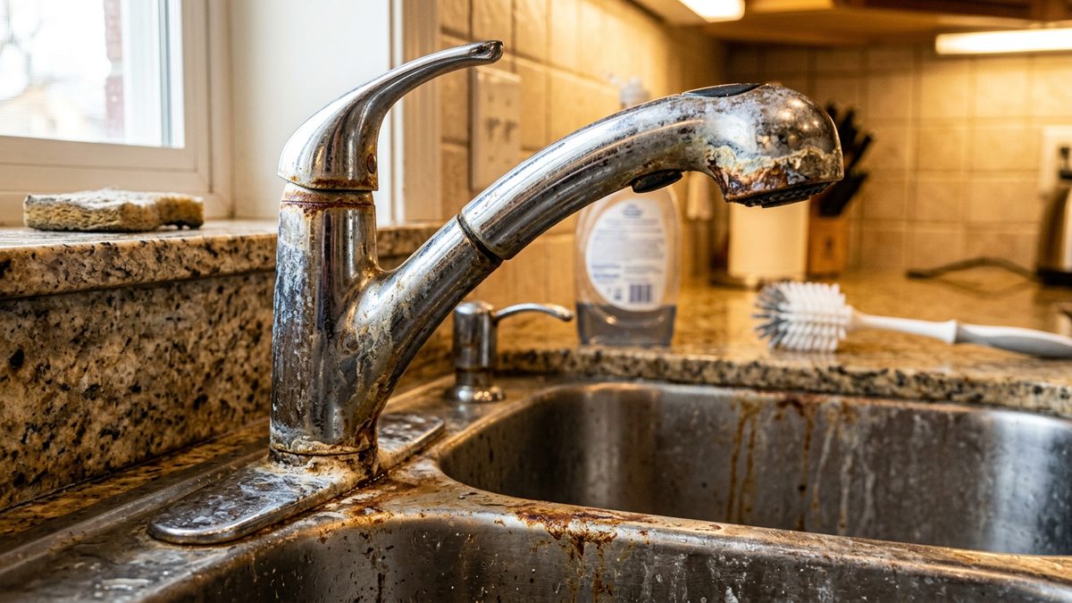 rusty brown iron stains on water tap and sink