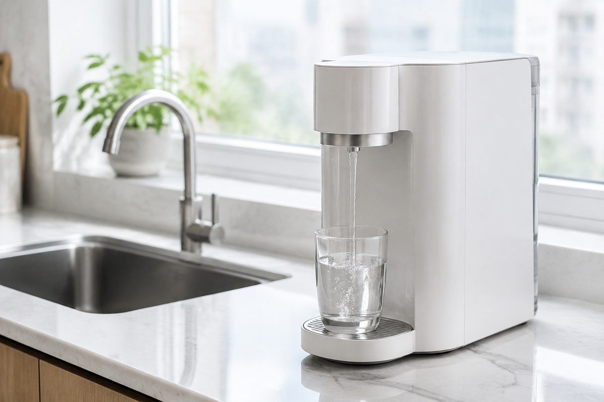 countertop water purifier on apartment kitchen counter