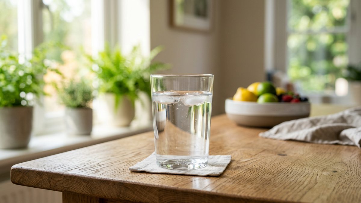 clean drinking water glass on kitchen table