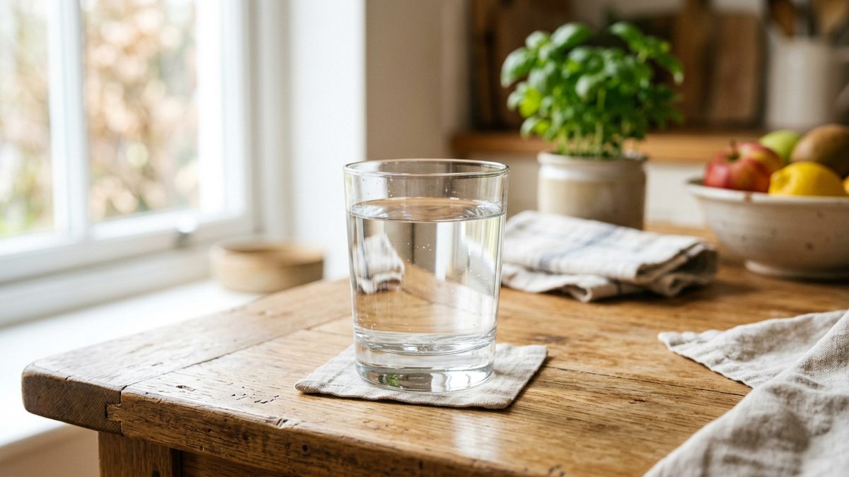 clean drinking water glass on kitchen table