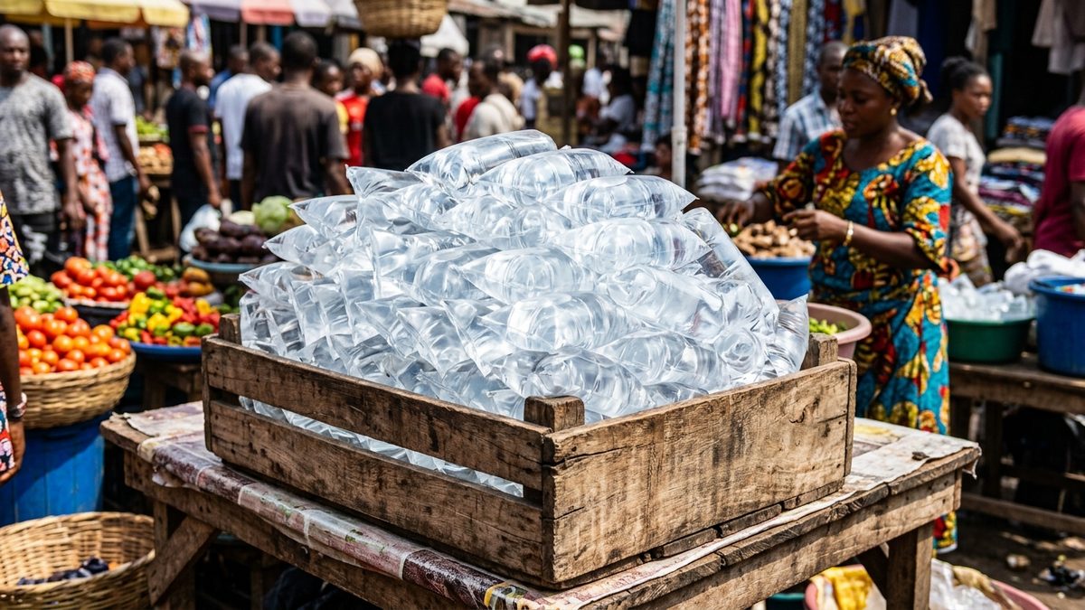 stacked sachet water packets in Nigerian market stall