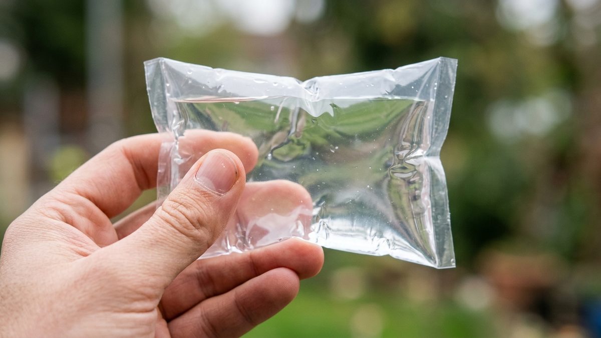 clear sachet water packet held in a hand