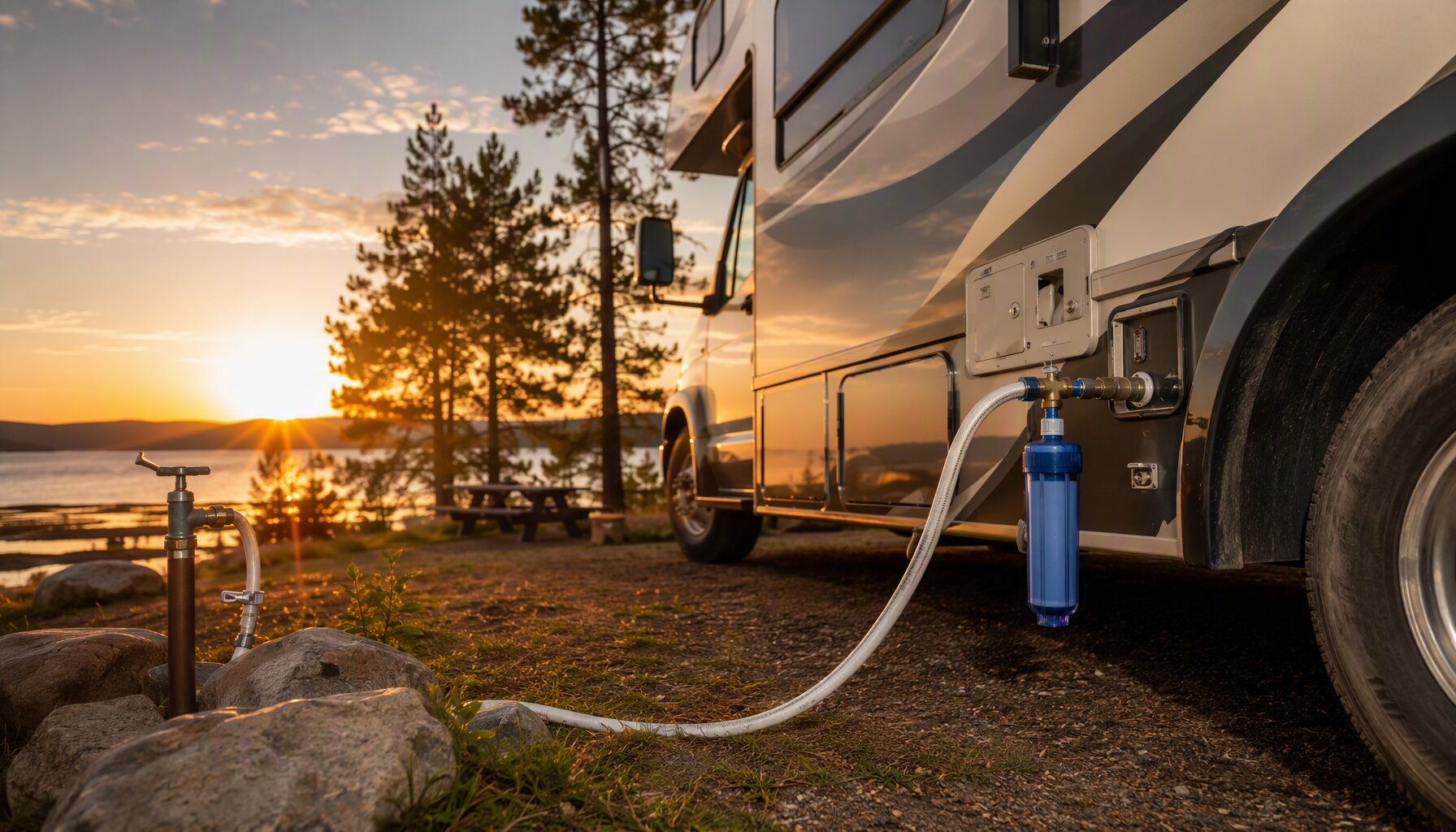 RV camper connected to campground water hookup with inline water filter attached to hose