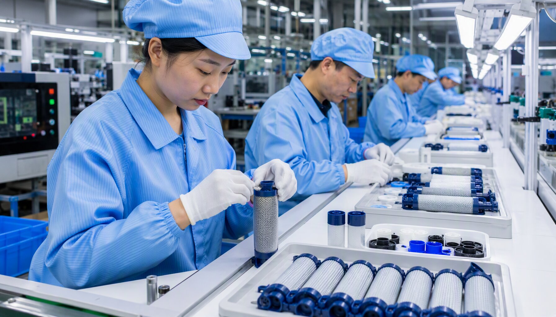 Water filter manufacturing facility production line with quality control testing