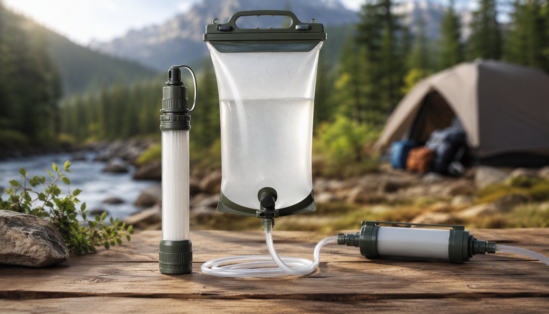 Portable camping water filtration devices including UF straw filter and gravity bag system