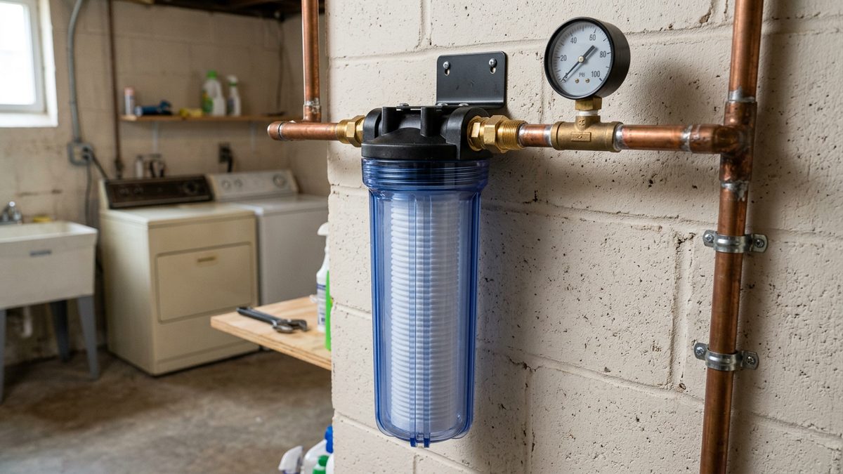 whole house sediment filter housing with brass fittings and pressure gauge