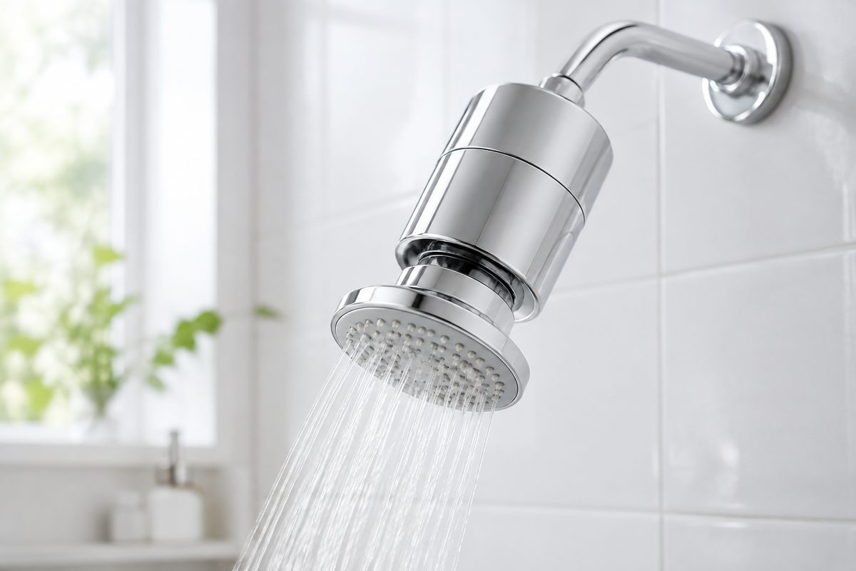 filtered shower head with replaceable cartridge in bathroom