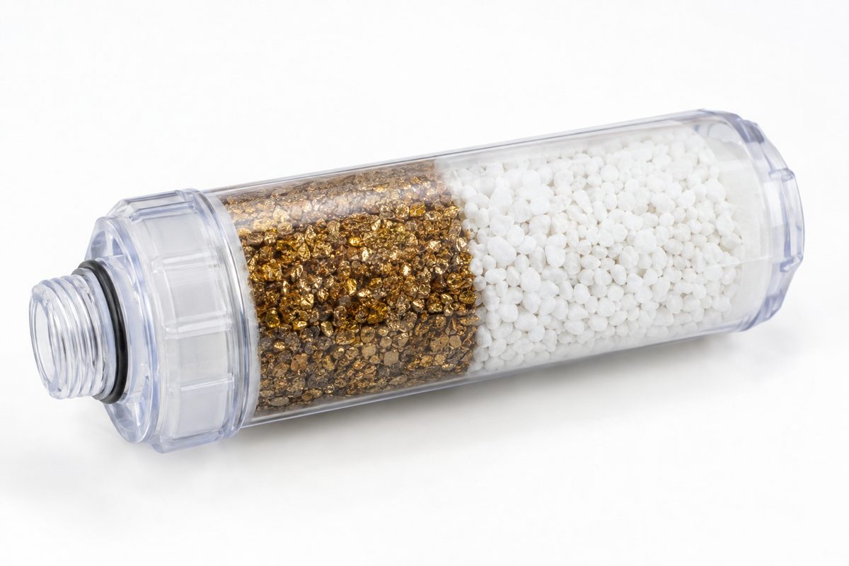 shower filter cartridge with KDF and calcium sulfite media