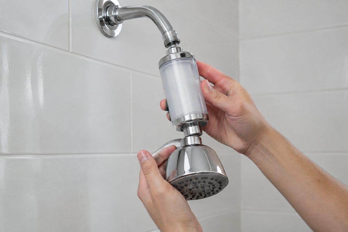 inline shower filter installation between arm and shower head