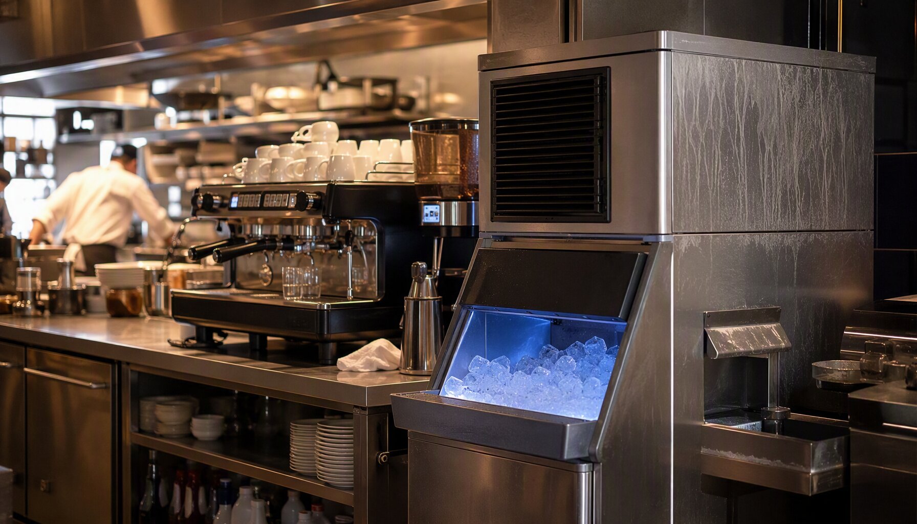commercial ice machine in a restaurant kitchen