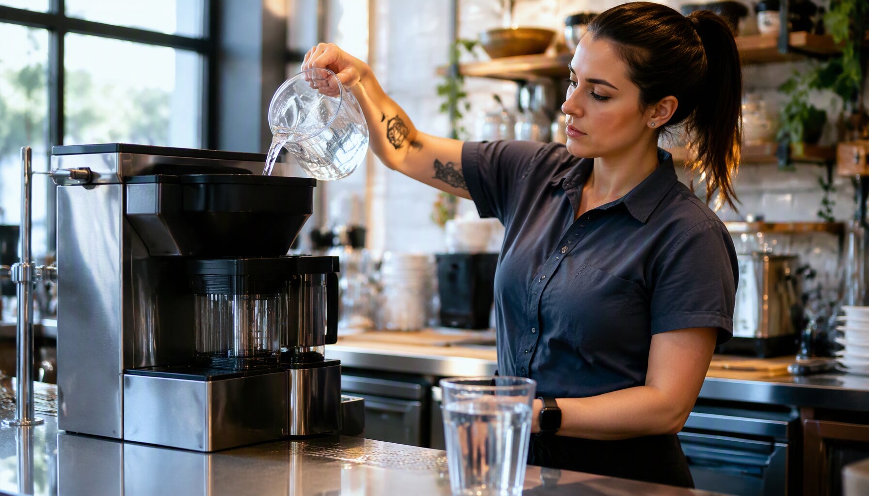filtered water poured into a commercial coffee brewer