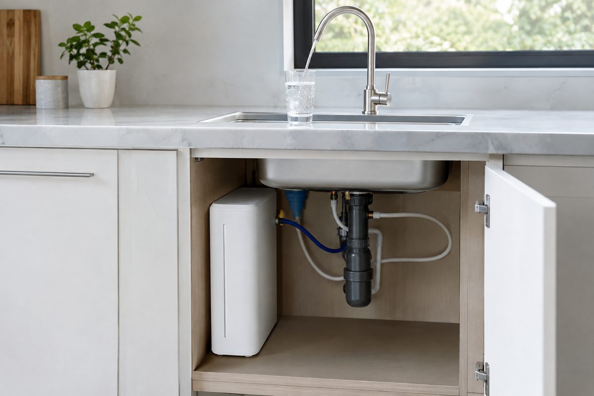 compact tankless reverse osmosis system installed under kitchen sink