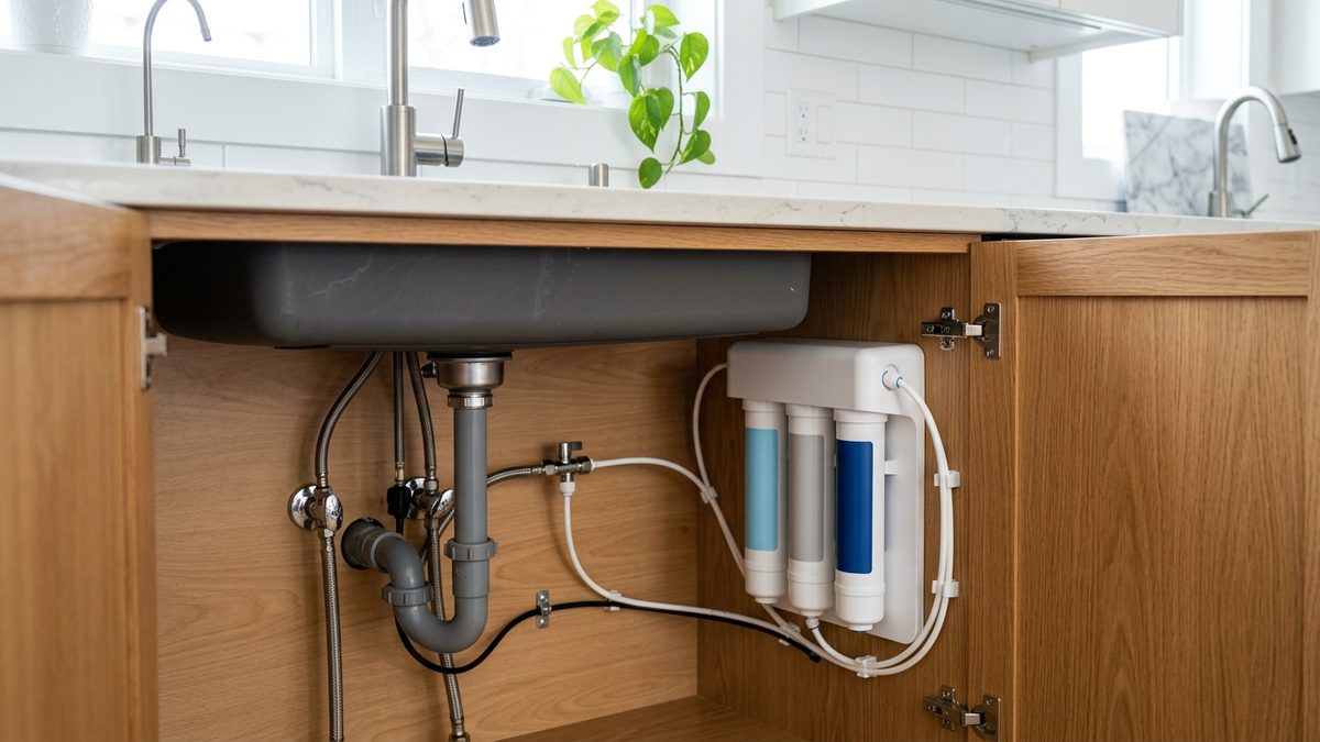 Tankless reverse osmosis system installed under a kitchen sink
