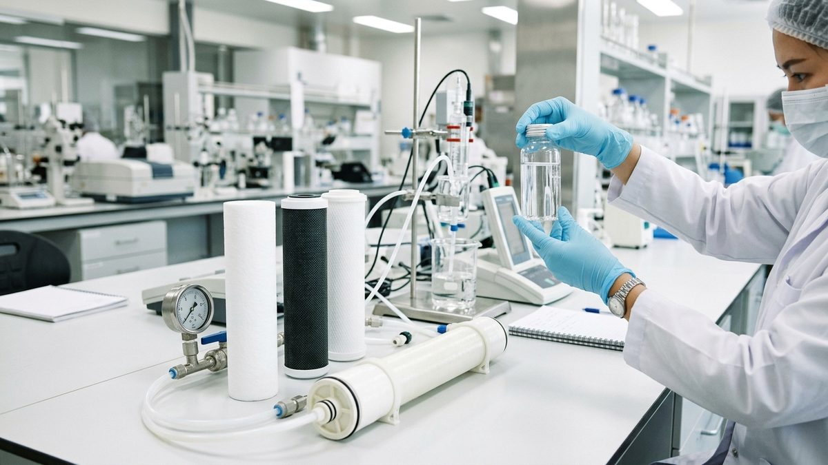 Water filter cartridges undergoing NSF laboratory quality testing
