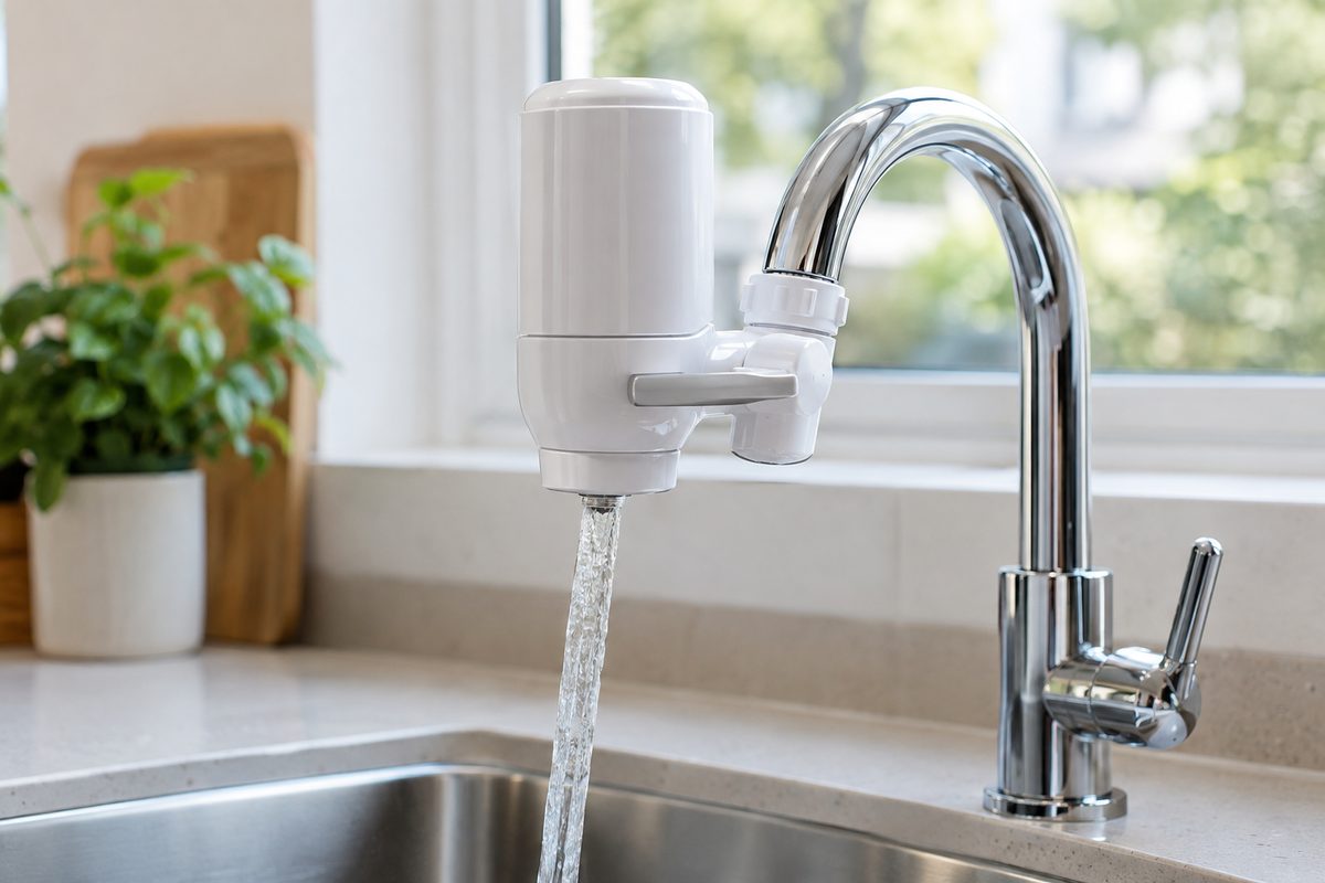 tap-mounted water filter attached to a UK kitchen tap