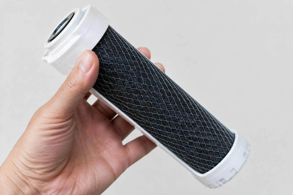 close-up of activated carbon tap filter cartridge
