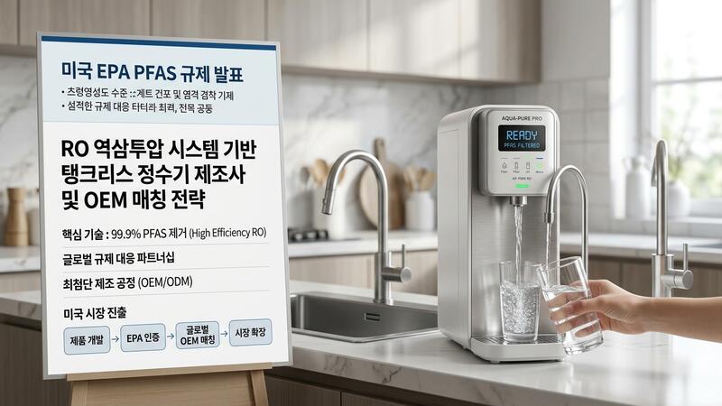 미국 EPA PFAS 규제 발표, RO 역삼투압 시스템 기반 탱크리스 정수기 제조사 및 OEM 매칭 전략