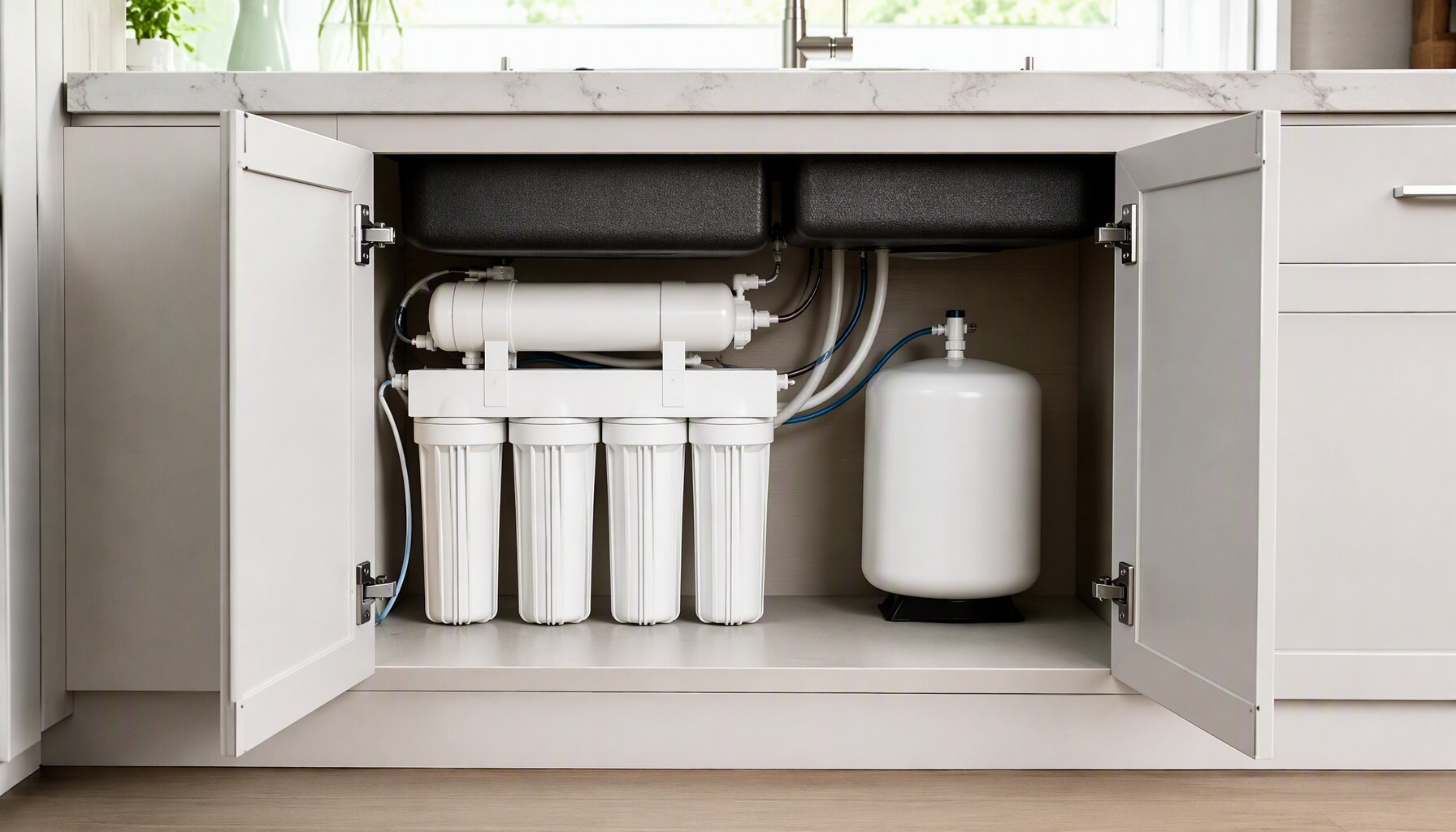 reverse osmosis membrane and filter stages under sink