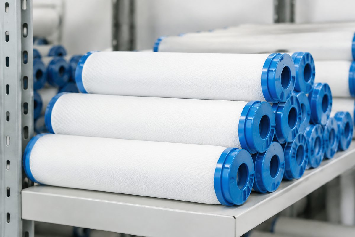 replacement water filter cartridges on warehouse shelf