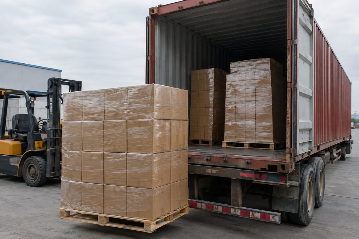 container loading water purifier export cartons on pallets