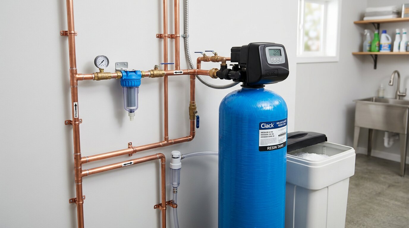 water softener resin tank installed in a utility room