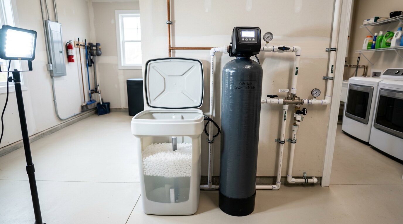 water softener brine tank and resin tank installed in utility room