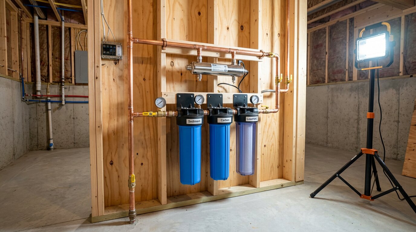 whole house water filtration system installed at main water line new construction