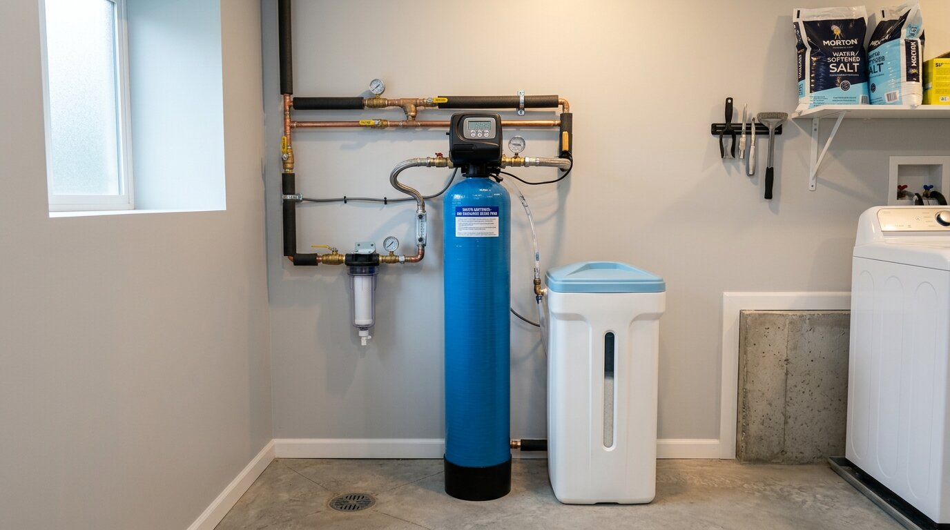 central water softener ion exchange resin tank installed utility room